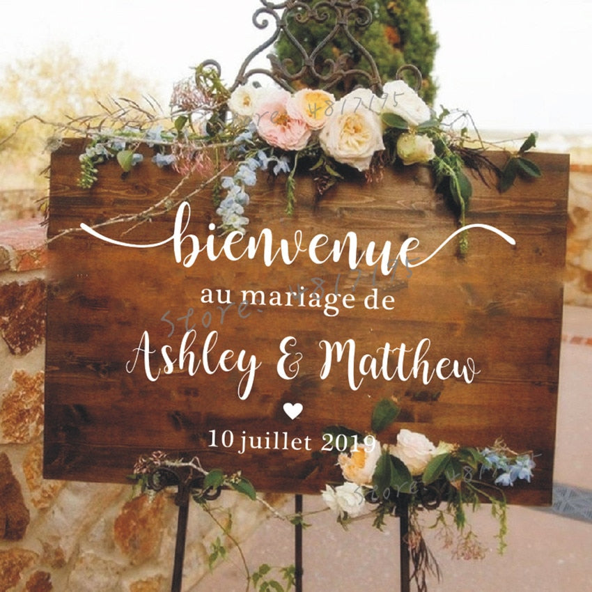 French Style Wedding Mirror Vinyl Decal Custom Names Wall Sticker Wedding Welcome Sign Vinyl Murals Romantic Mariage Décor AZ843