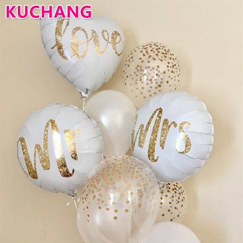 3pcs 18inch Round White Gold Glitter Print Mr&Mrs LOVE Foil Balloons Bride Mariage Wedding Decor Valentine's Day Event  Supplies