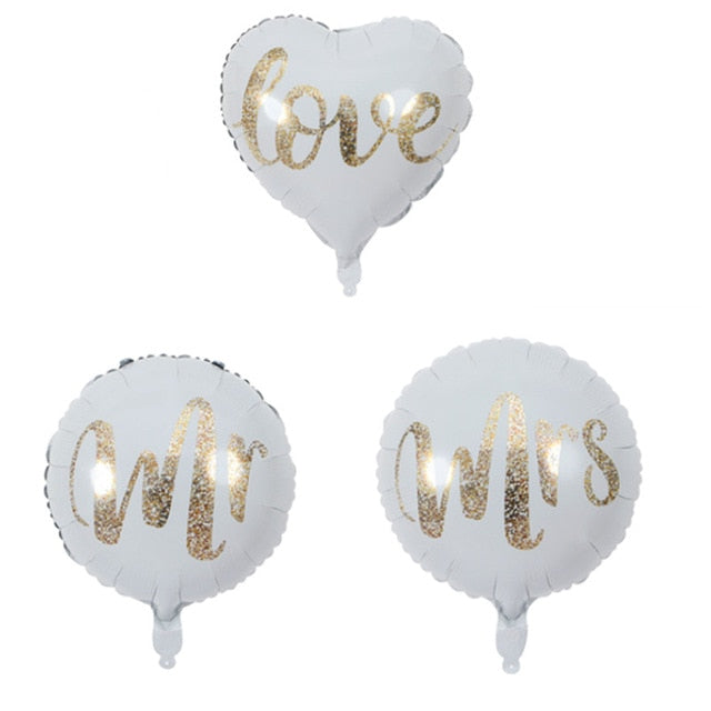3pcs 18inch Round White Gold Glitter Print Mr&Mrs LOVE Foil Balloons Bride Mariage Wedding Decor Valentine's Day Event  Supplies