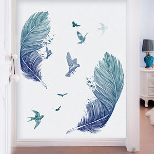 Creative art Blue Feathers Wall Sticker DIY Romantic Living Room Kids Rooms Wall Decor Home Deco Maison Removable Vinyl Decals