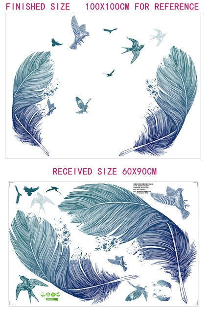 Creative art Blue Feathers Wall Sticker DIY Romantic Living Room Kids Rooms Wall Decor Home Deco Maison Removable Vinyl Decals