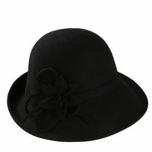 England Style Ladies Wool Fedoras Hats Black White Flower Wool felt Hat Fashion Women Church maison michel Cloche Hat Cap