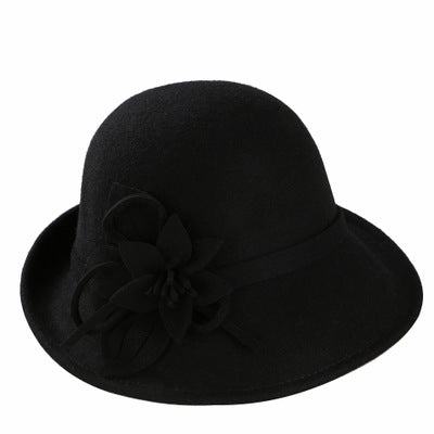 England Style Ladies Wool Fedoras Hats Black White Flower Wool felt Hat Fashion Women Church maison michel Cloche Hat Cap