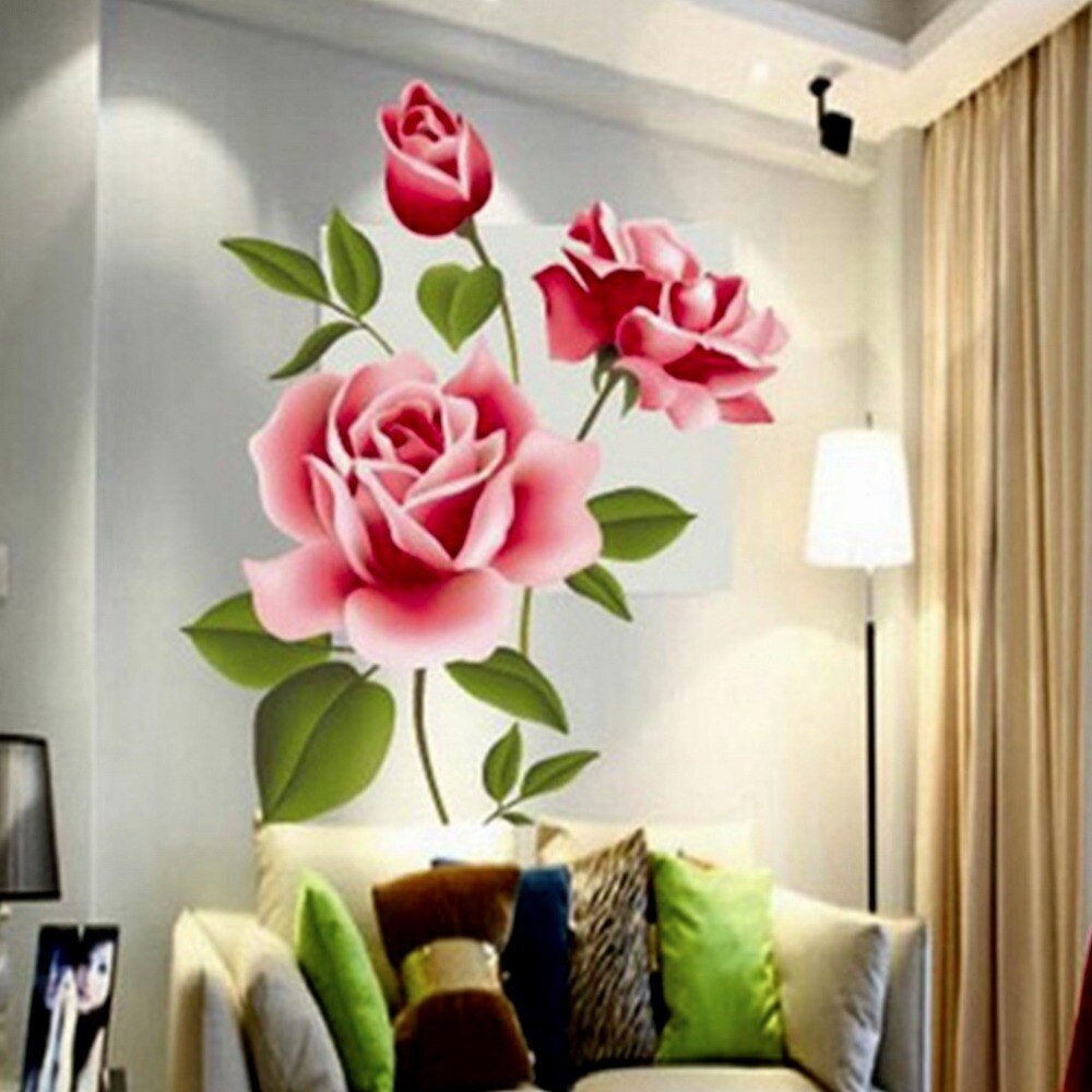 2018 New Arrical Stickers Decoratifs Maison Romantic Love Rose Flower Removable 3D Wall Stickers Home Decor Room Decals