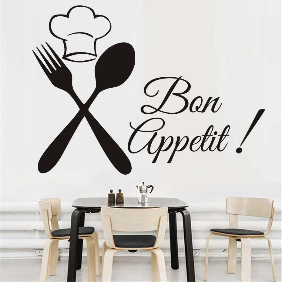 Cuisine Cutlery Chef Bon Appetit Diy Wall Stickers Kitchen Rooms Muraux Poster Vinyl Decoration Maison Stikers Decor Black Decal